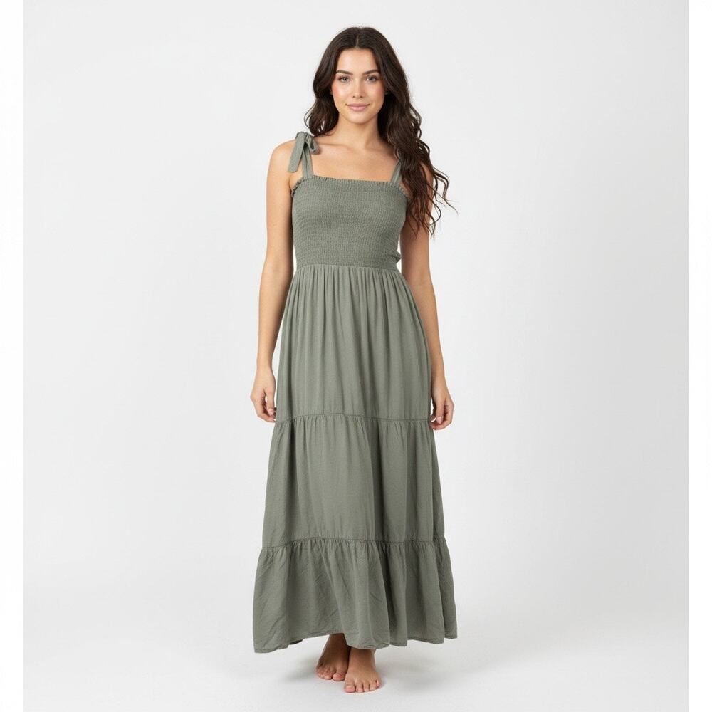 Xirena Lorraine Smocked Maxi Tiered Dress Olive Green Large Cotton Vacation Chic
